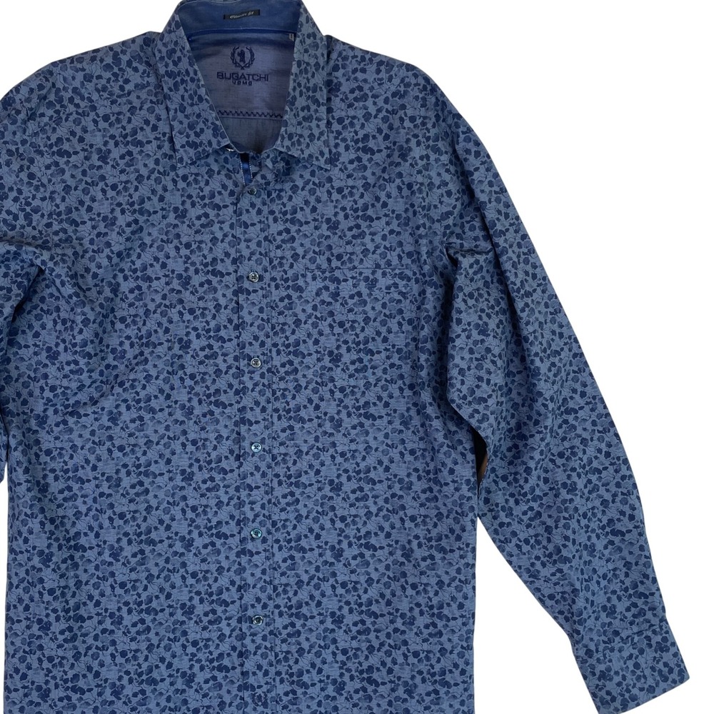 Bugatchi Uomo Mens Blue Floral‎ Print Long Sleeve Classic Fit Shirt L